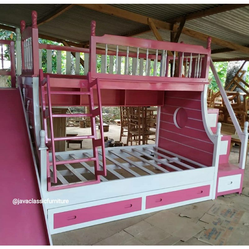 RANJANG TEMPAT TIDUR ANAK TINGKAT DIPAN SUSUN LACI DILENGKAPI PROSOTAN SELUNCURAN BAHAN KAYU FINISHING DUCO PUTIH PINK MURAH FURNITURE JEPARA-2