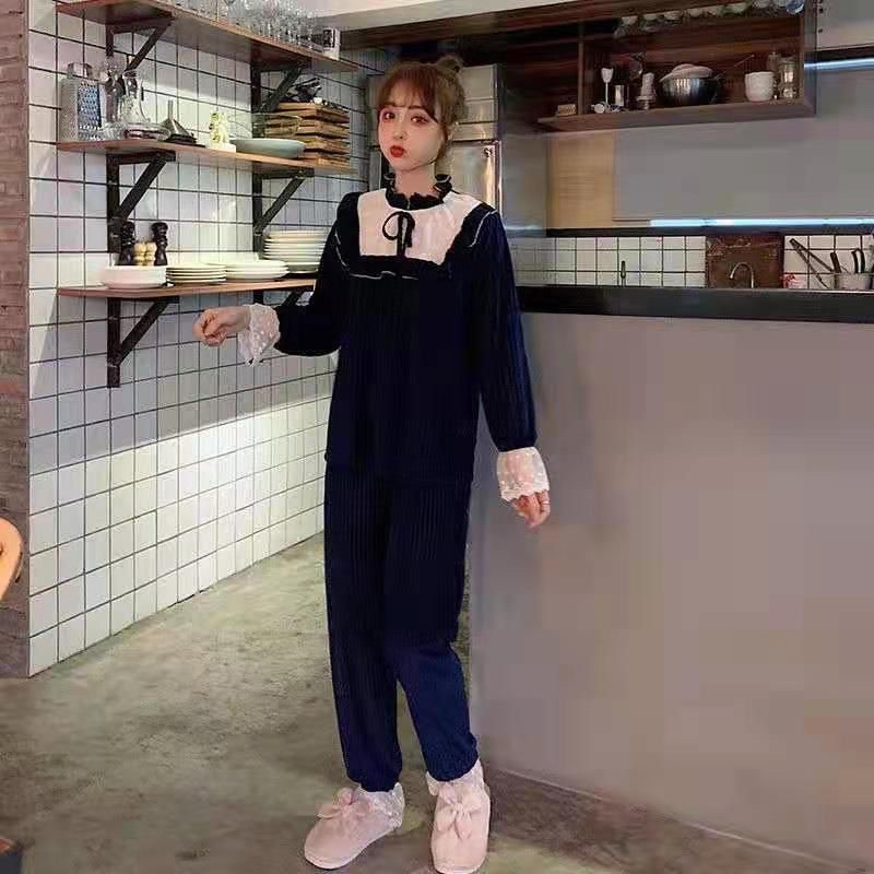 JC- Set Piyama Bulu Bludru PP / Piyama Kimono wanita terbaru / Stelan Bludru Premium import Murah-Jennie Lace Navy PP