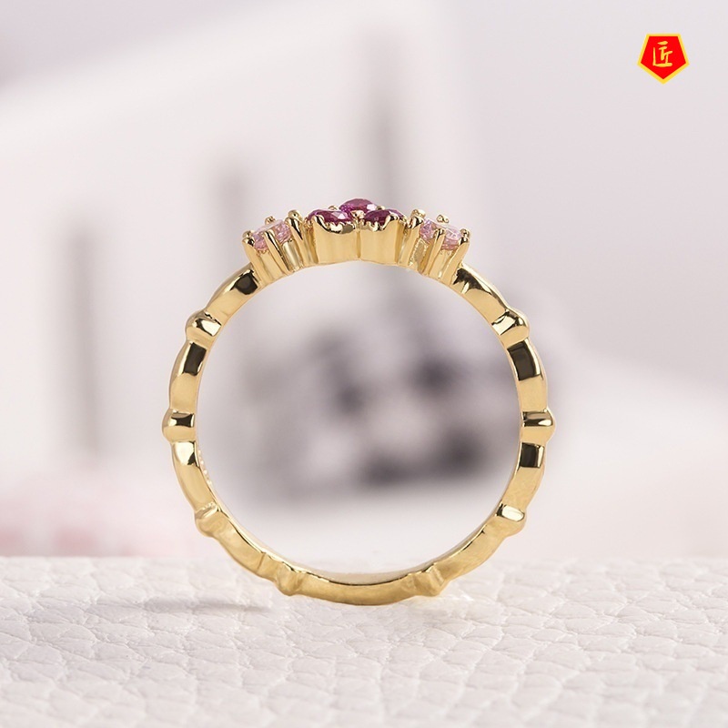 [Ready Stock]14K Gold Inlaid Colored Gems Heart-Shaped Ring Female Simple Fashion