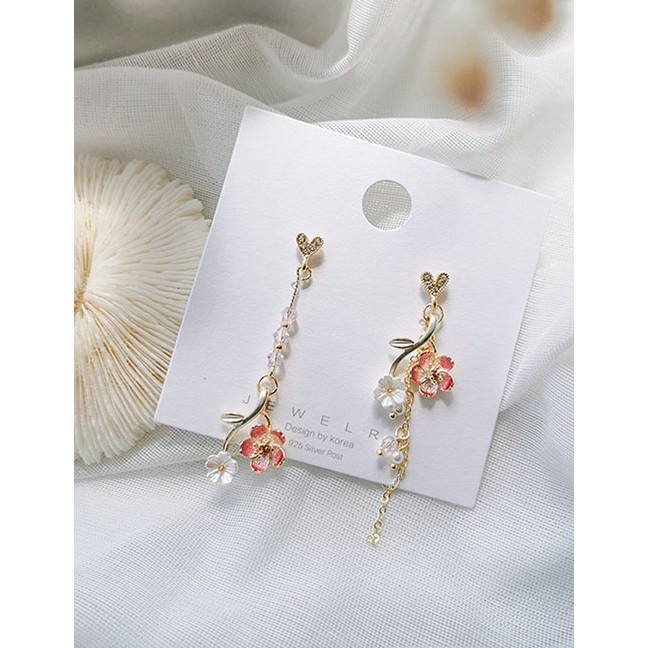 LRC Anting Tusuk Fashion Color Sakura Branch Love Pearl Flower Asymmetric D98381