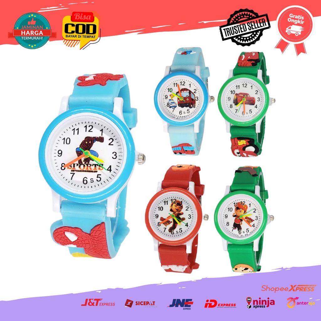 [COD] Jam Tangan Anak Cowok Analog Strap Rubber Karakter Kartun Spiderman Batman Doremon Ben10