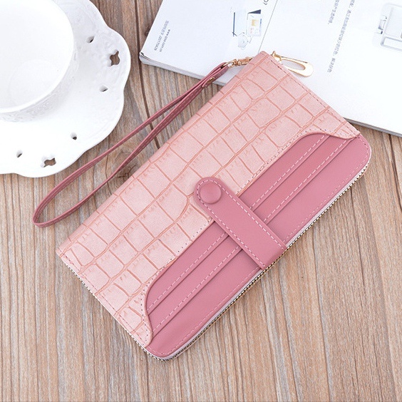 DOMPET PANJANG WANITA WHELMA WA541P3 PREMIUM IMPORT KULIT CROCO PINK SLOT KARTU UANG KOIN RESLETING TALI PENDEK KOREA FASHION CEWEK MURAH BATAM BRANDED