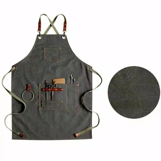 Apron Barista Celemek Canvas Leather Unisex Pria Wanita Waiters Coffe