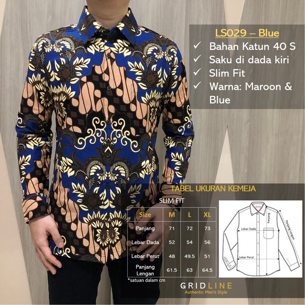 [GRIDLINE - LS080 Brown - LS029 Blue] Baju Kemeja Batik Slimfit Pria Lengan Panjang FULL KATUN