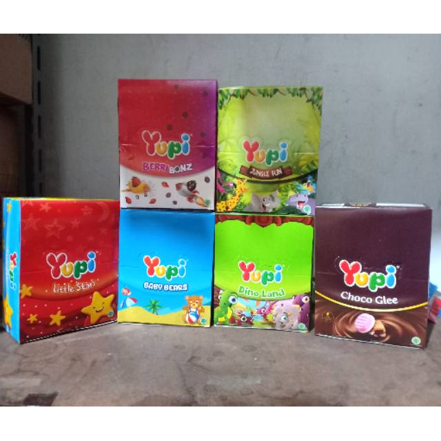 

Yupi Box Baby Baer/Choco Glee/Little Star/ Berri Bonz/Jungle Fun/Rolleto/Milly Moos/Gunmy Fangs/Dino Land/ dll isi 24bungkus