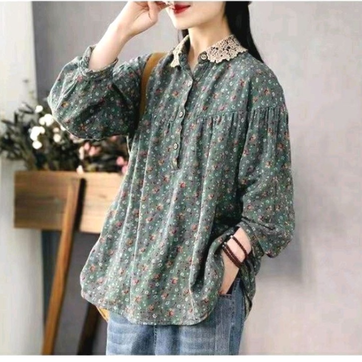 9870 Atasan Baju blus blouse kemeja lengan panjang kerah leher manis kancing motif bunga kecil model Korea terbaru kostum Baju blus blouse kemeja lengan panjang kerah leher renda kancing depan motif bunga kecil import wanita santai luaran hijab pesta