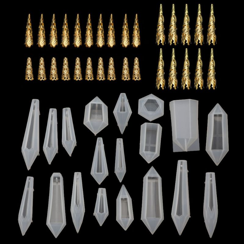 SIY  19Pcs Resin Pendulum Molds Silicone Quartz Crystal Molds with 30Pcs Metal Bead Caps Epoxy UV Resin Molds Jewelry Tools