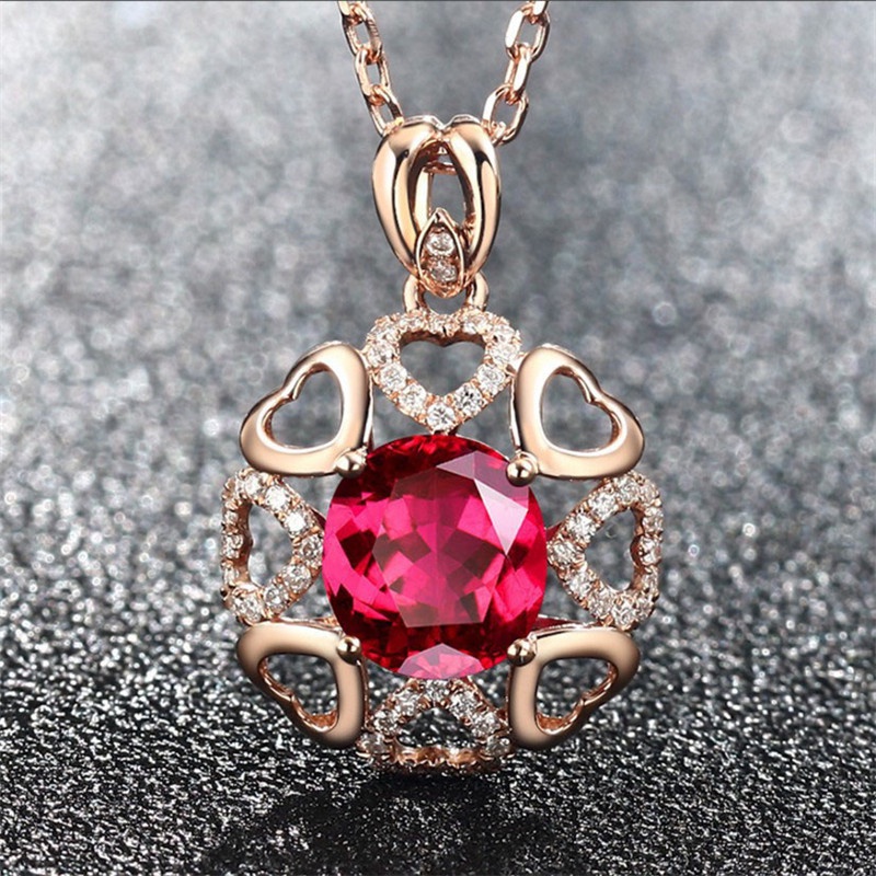 [Ready Stock]Fashion Ruby Diamond Flower Heart Pendant Necklace