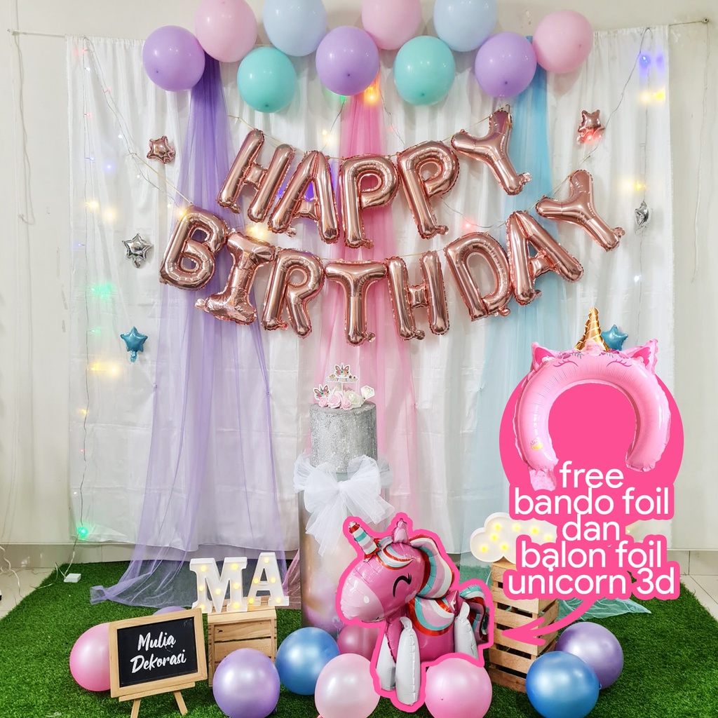 Backdrop Dekorasi Macaron Unicorn Ulang Tahun Happy Birthday paket Tirai Pesta Anak Paket Unicorn Premium