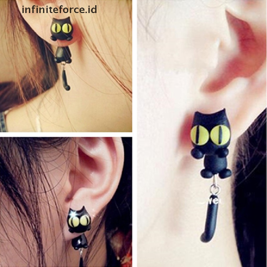 1 Pasang Anting Tusuk Bentuk Kucing Bahan Polymer Clay Untuk Wanita