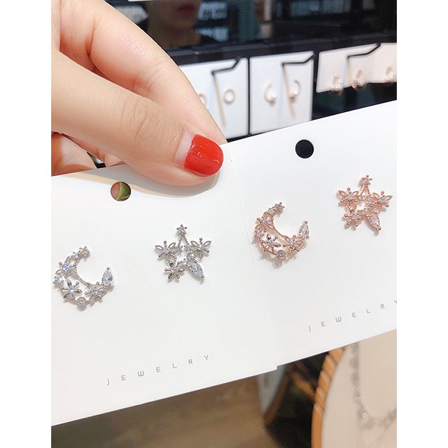 LRC Anting Tusuk Fashion Rose Gold Openwork Stars: Moon: Diamonds: 925 Silver Needle Studs F65614