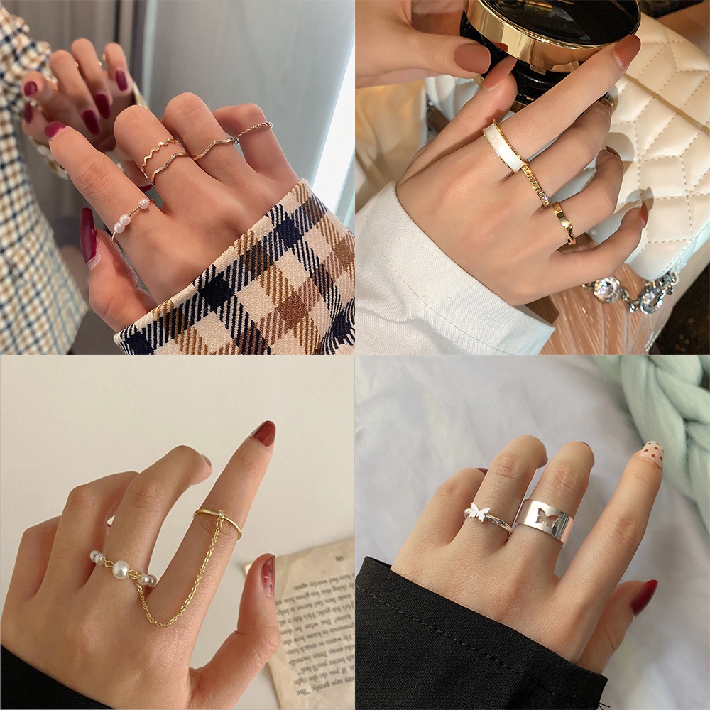 YEEZII Set Cincin Adjustable Desain Bunga Kupu-Kupu Aksen Mutiara Gaya Korea Untuk Wanita