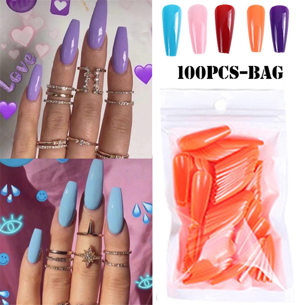 AUGUSTINA Agustinina Kuku Palsu DIY 100 Pcs/Set Warna Permen Ballerina Panjang Penuh Penutup Ekstensi Kuku Akrilik
