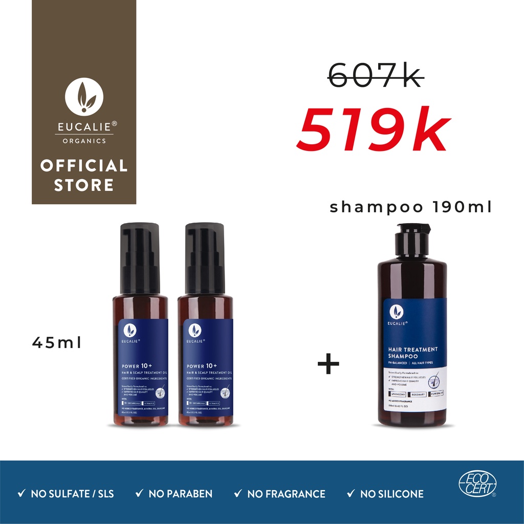 Eucalie Organic Hair Growth Oil & Scalp Treatment - Power 10+ (Rontok, Rusak, Ketombe, Sensitif)-COMBO SHAMPOO