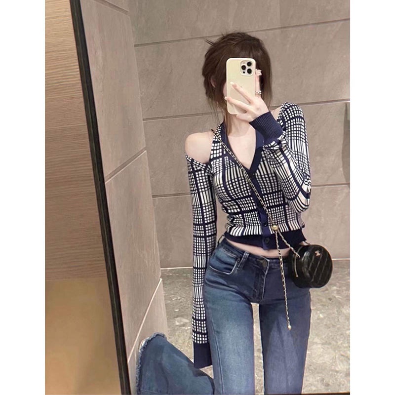 import jennie plaid short top seksi kecil off-the-shoulder halterneck sweater wanita