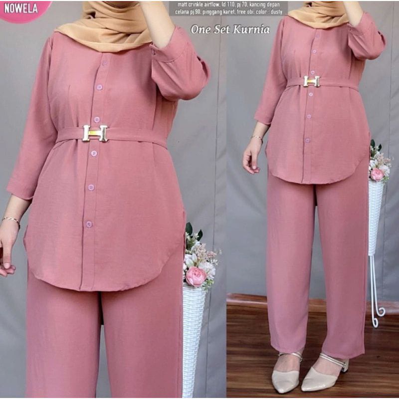 KURNIA SET - SETELAN CRINKLE AIRFLOW ONE SET KEMEJA POLOS PIYAMA PAJAMAS POLOS TERBARU / CRINKLE AIRFLOW LD 110 / KURNIA SET TERBARU CRINKLE POLOS / SETELAN WANITA TERBARU FREE BELT / ARRAZAQU  COLLECTION