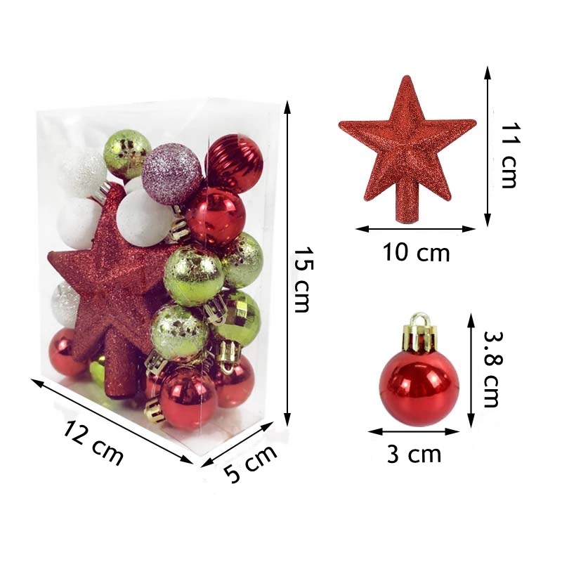 30Pcs Glitter Christmas Ball Baubles W/House Topper Tree Top Star