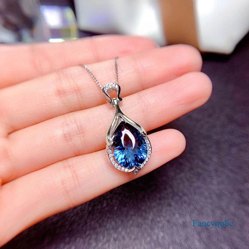 Kalung Liontin Pir Cubic Zirconia Warna Biru Untuk Wanita