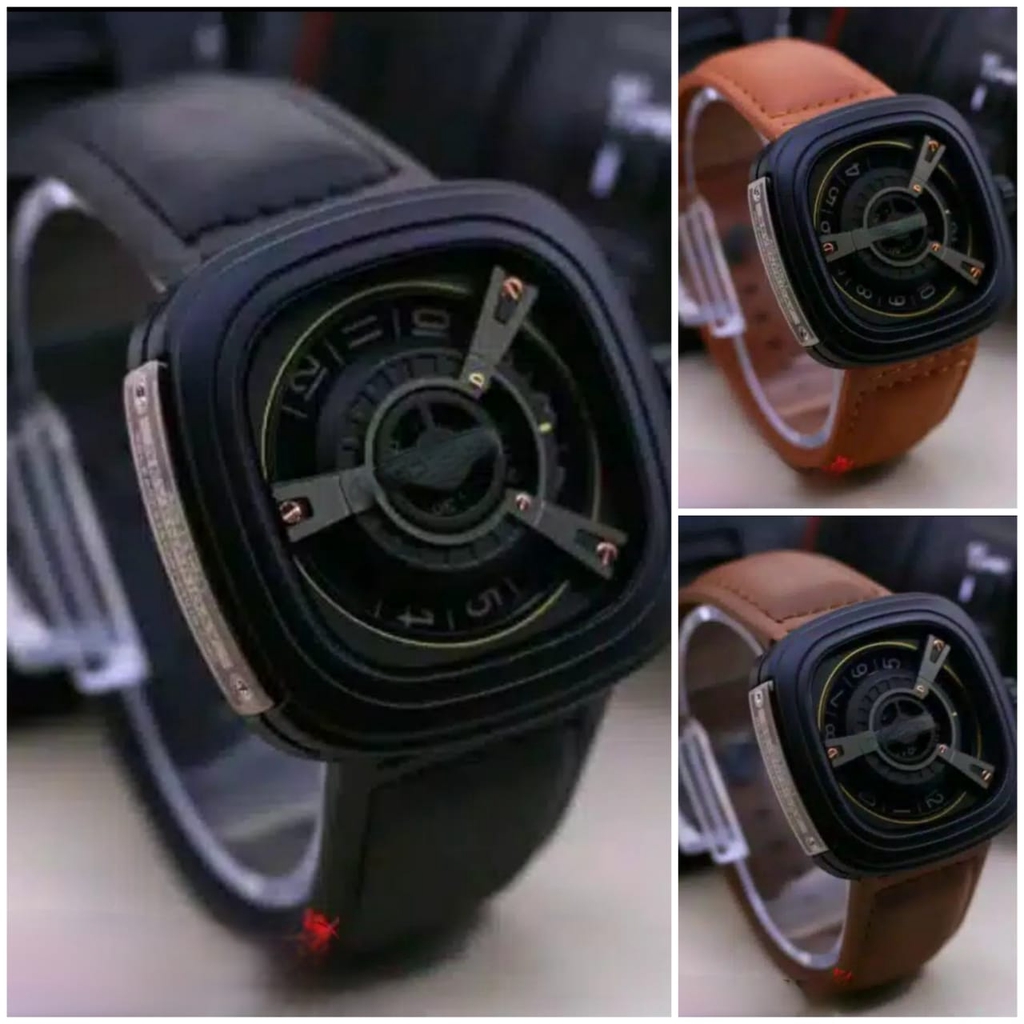 Jam Tangan Pria Sporty Kotak M2 Analog Kulit Case Black