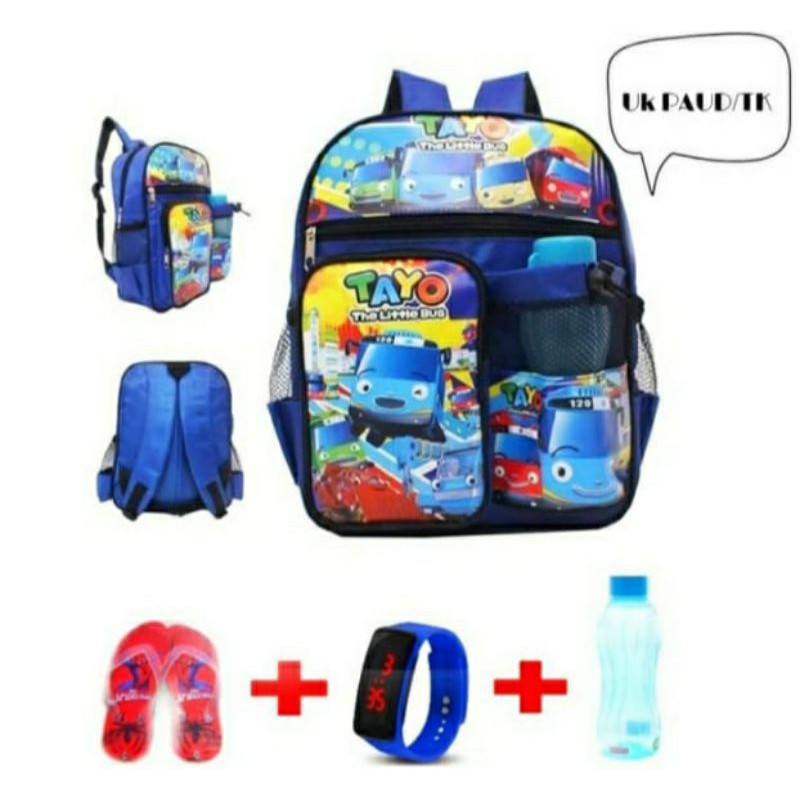 tas anak tayo  mobil tayo+botol+sandal+jam tangan led