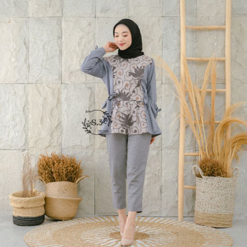 tey-17 Batik wanita ASJ SA HRB026 Kenongo Kemeja Tosca Pendek-Innara abu