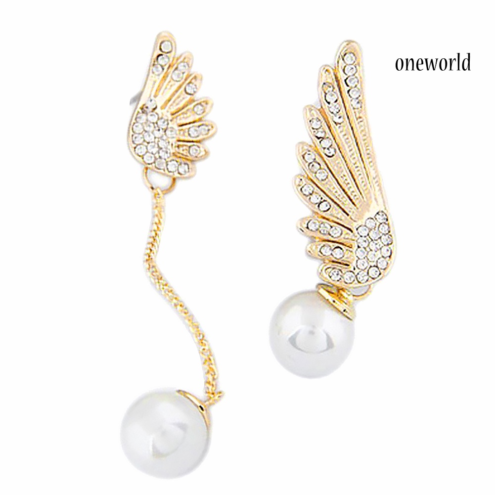 OW@ Asymmetric Rhinestone Inlaid Angel Wings Tassel Faux Pearl Women Stud Earrings