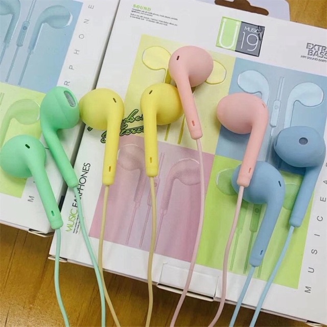 U19 Earphones Macaron Mate Color HIFI Headset Ala Korea Handsfree Warna Warni Pack Plastik