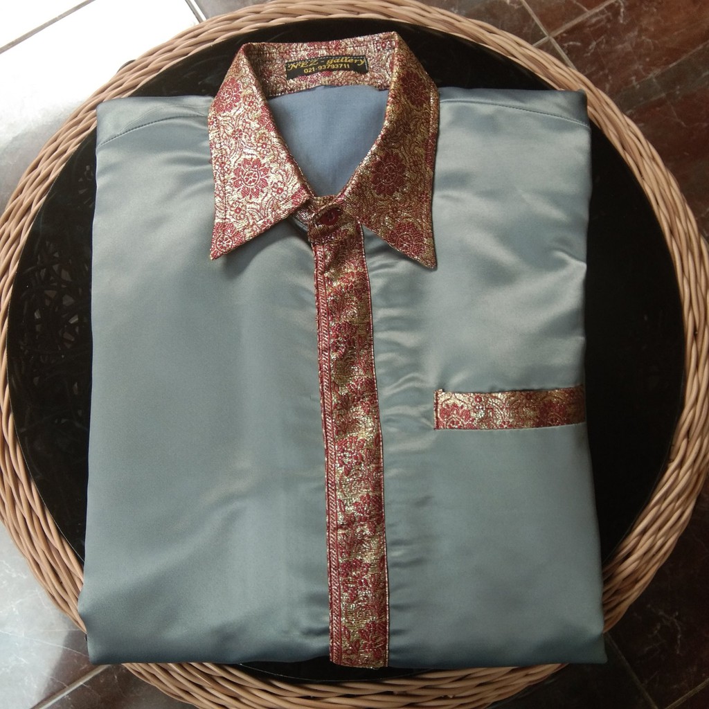 Kemeja Satin Kombinasi Tenun Pria Lengan Panjang Warna Silver Shopee Indonesia