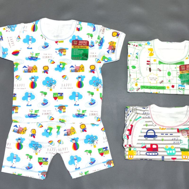 BEBIFUN Setelan Bayi Lengan Pendek Motif Cewek dan Cowok