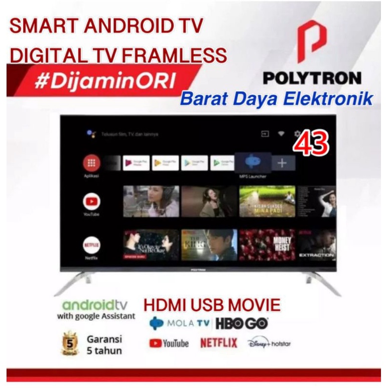 LED SMART TV Polytron LED Smart Android TV 43&quot; FHD Digital TV Frameless 43AG9953