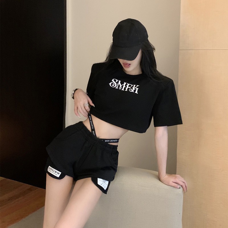 Suhao Pinggang Tinggi Huruf Cross Hollow Lebar Kaki Celana Niche Celana Pendek Hot Celana Wanita Slim Kasual Celana Musim Panas Longgar Celana Olahraga