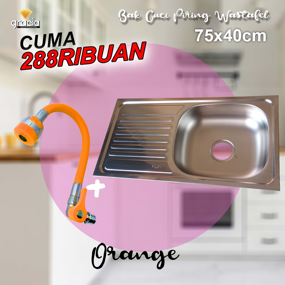 Bak Cuci Piring 75x40x14 cm / Wastafel Tempat Cuci Piring Stainless / Kitchen Sink / Sink bar &amp; Dapur GRATIS AFUR-SELANG-TEMPAT SABUN SUNLIGHT