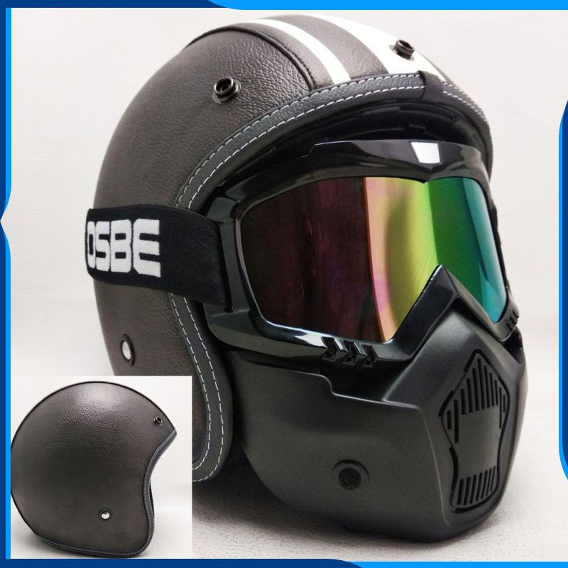 HELM MOTOR SNI - Helm Retro Kulit Warna dan Lis Kaca Goggle Mask google masker Merek OSBE,