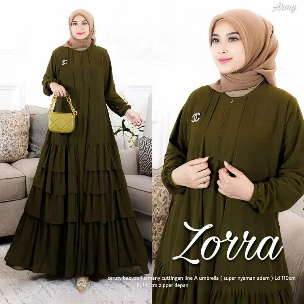 Gamis zorra dress bahan ceruty baby doll premium full furing / busui / resleting depan original