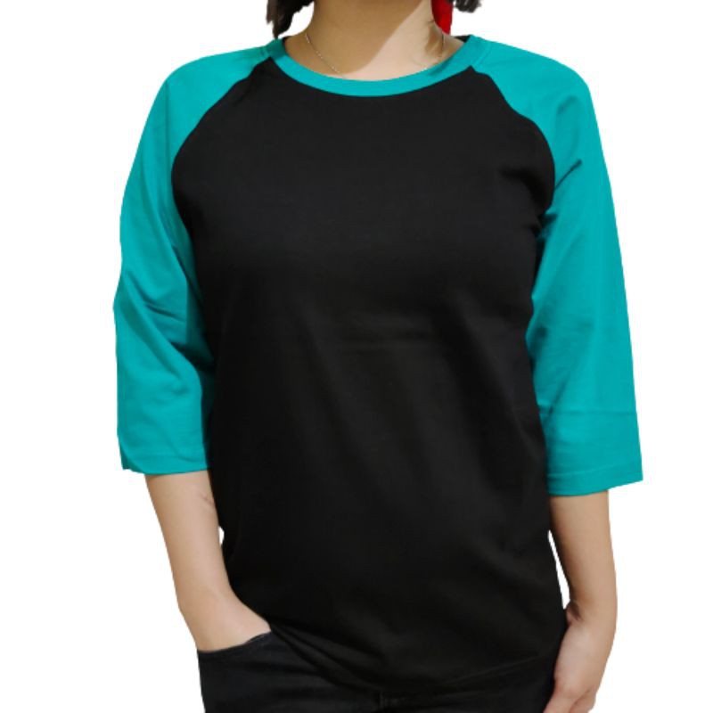 kaos polos reglan hitam lengan hijau tosca 3/4 M L XL XXL