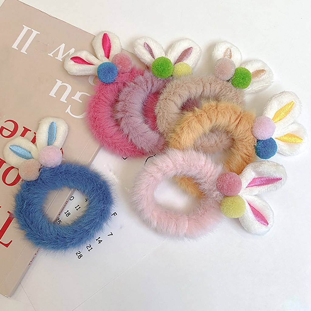 OVERFLOWS.ID Ikat Rambut Scrunchie Bulu Boneka Kelinci Wortel Karet Cepol Wanita Rasfur Ala Korea