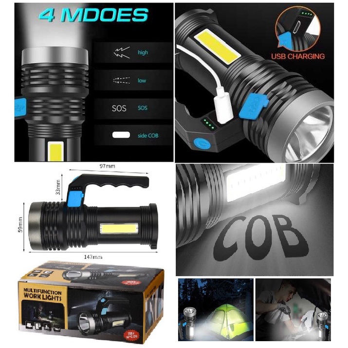 Senter LED DENGAN 4 MODE RECHARGER Waterproof USB 10 W Cree XPE + COB SOS SENTER SUPER TERANG AA