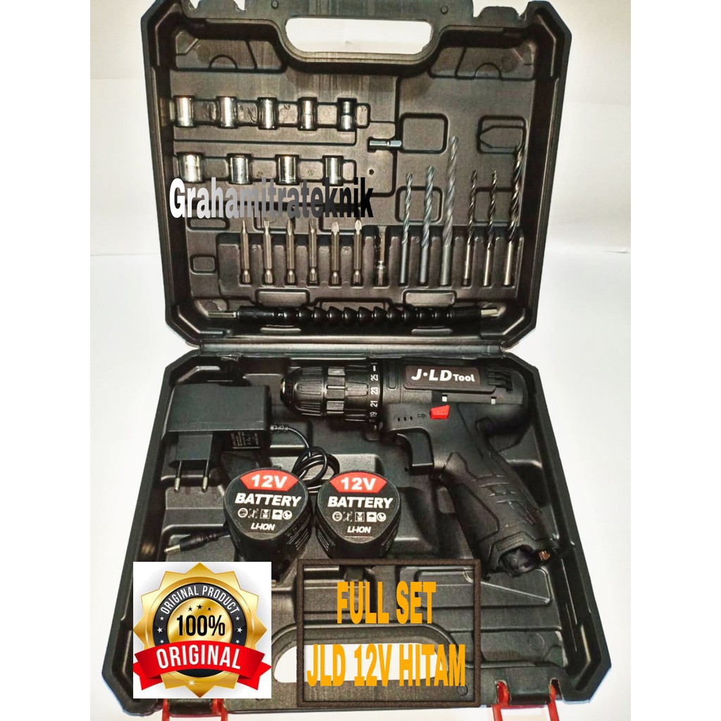 Mesin Bor Baterai JLD 12V Bor Cordless JLD 12V Hitam