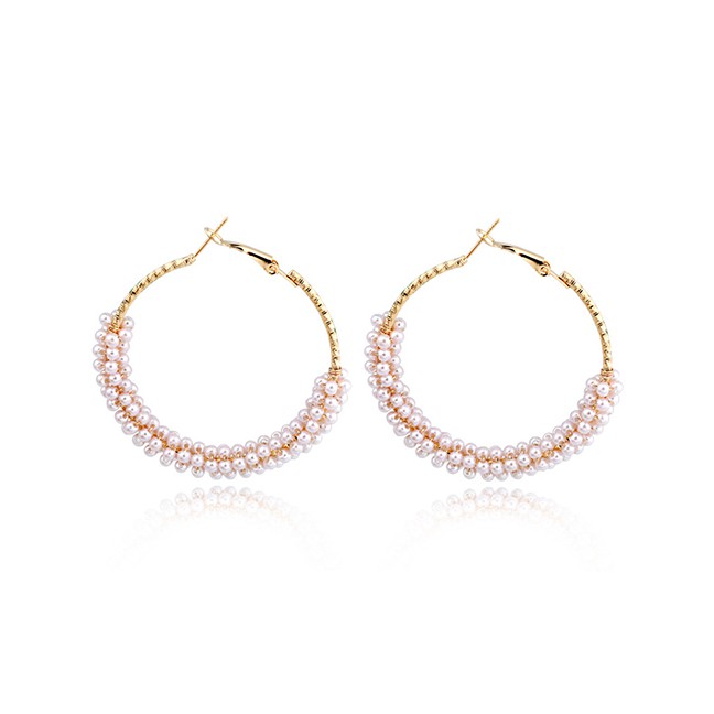 LRC Anting Tusuk Fashion White Open Round Bead Ring Big Ear Ring F66341