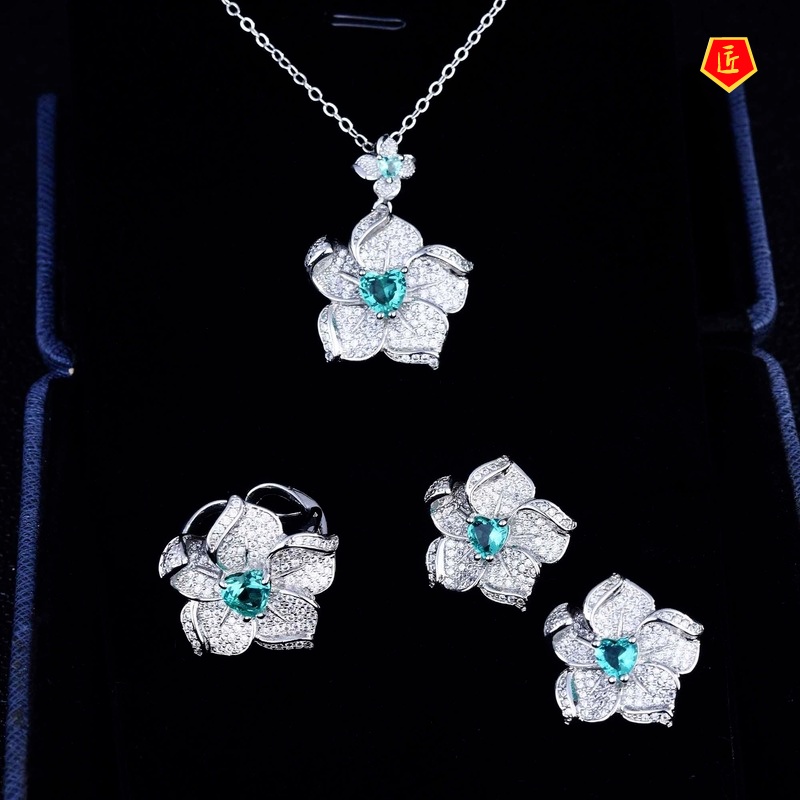 [Ready Stock]Jewelry Flower Set Colored Gems Necklace Open Ring for Women