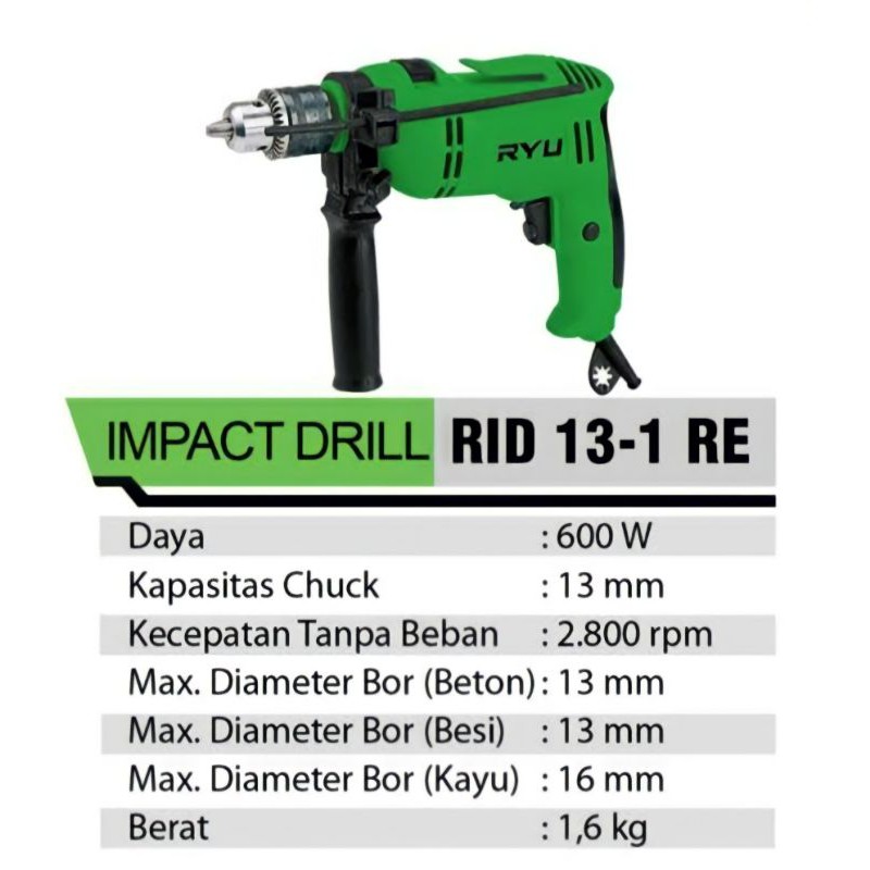 RYU RID 13-1RE Mesin Bor Beton 13mm Impact Drill Varible Speed Murah Original