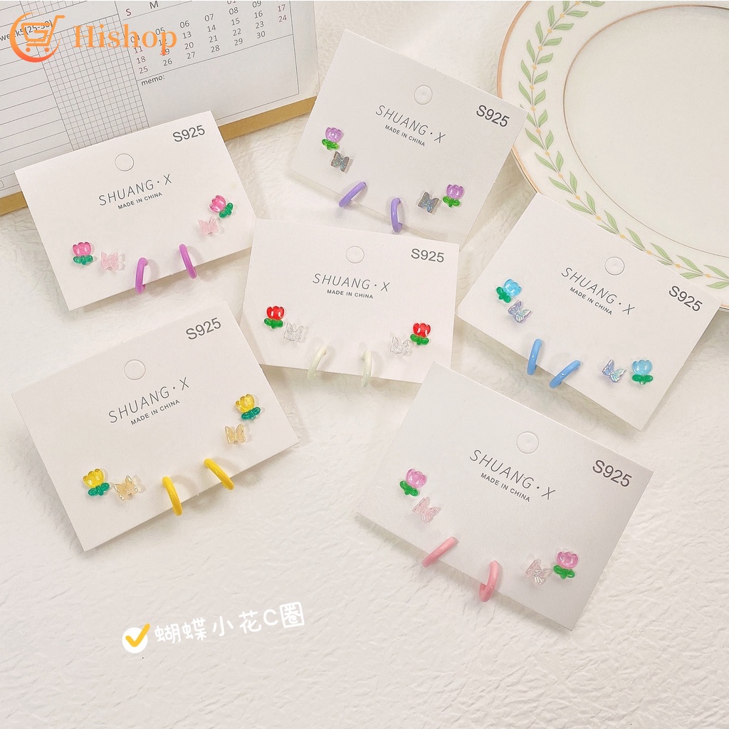 3 Pasang / Set Anting Stud Desain Tulip Butterfly Bahan Resin Untuk Wanita