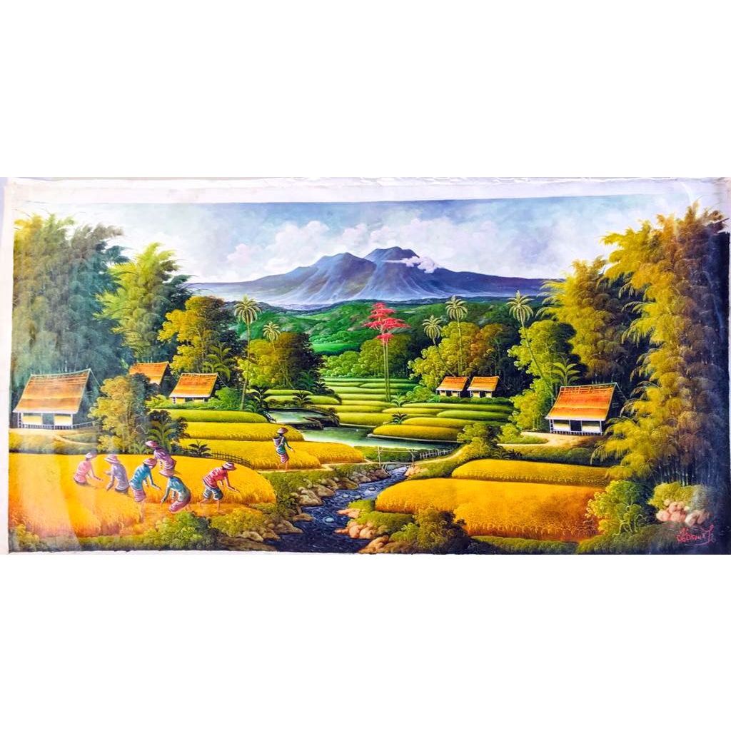Lukisan Panen Padi dengan Pemandangan Alam yang Indah ( Premium 2x1 meter )