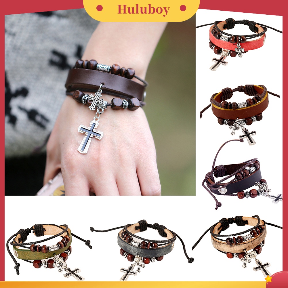 Hu Hu Hu Hu Hu Alat Bantu Pasang Kacamata♡ Gelang Tangan Kulit Imitasi Banyak Lapis Aksen Manikmanikliontin Salib Vintage Untuk Wanita
