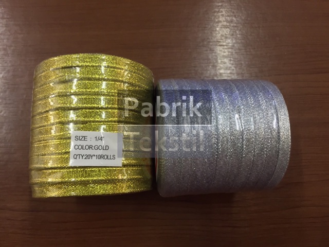 Pita Satin Glitter EMAS/PERAK (ukuran 1/4 inch) 0.6CM