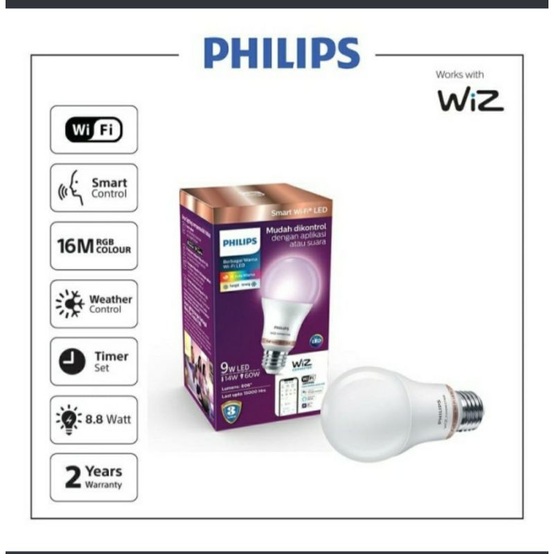 NEW Philips Lampu Smart Wifi LED 9 Watt Color RGB Warna Wiz Google (warna warni)