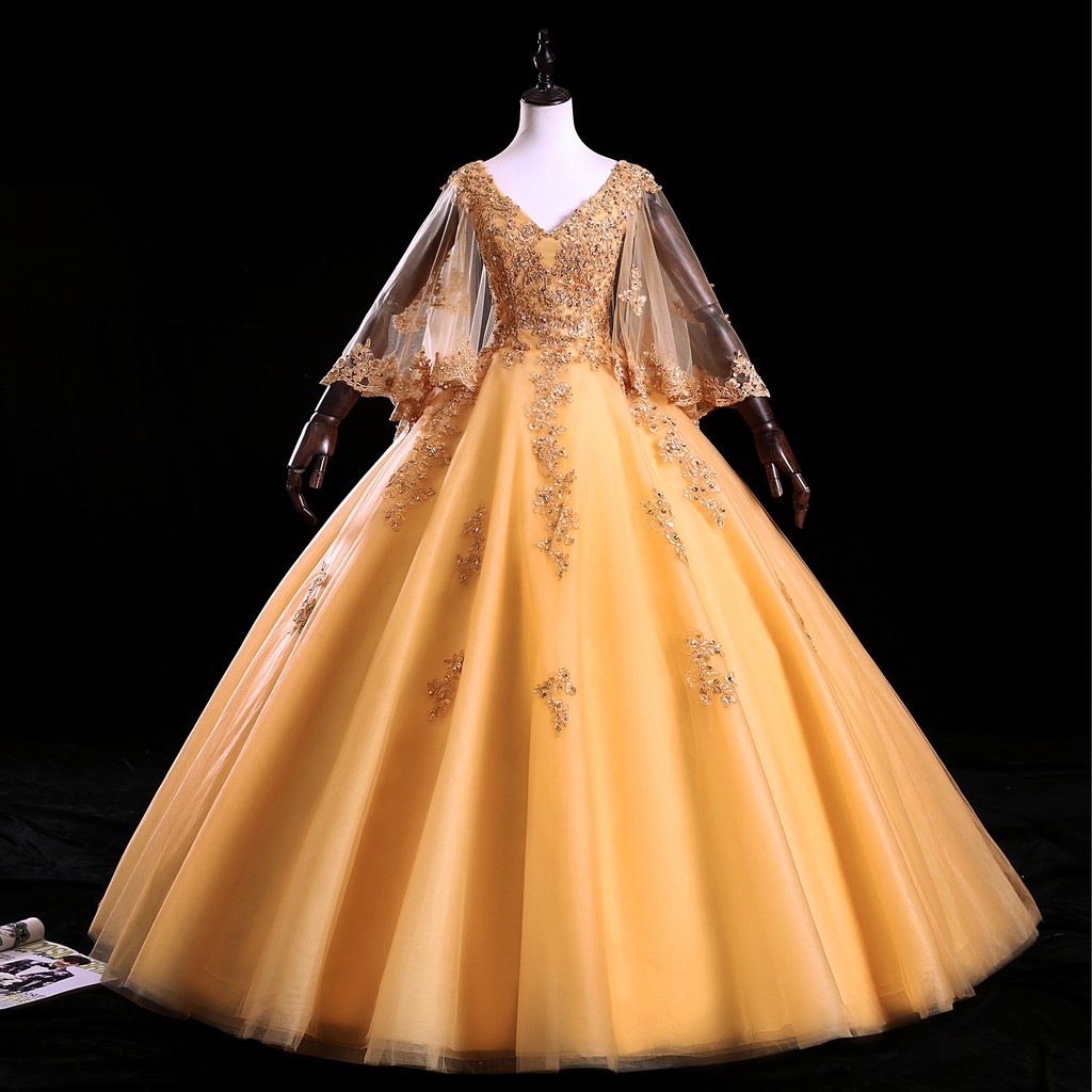Gaun Pengantin 1912022 Kuning Emas Gold Lengan Panjang Wedding Dress Gown