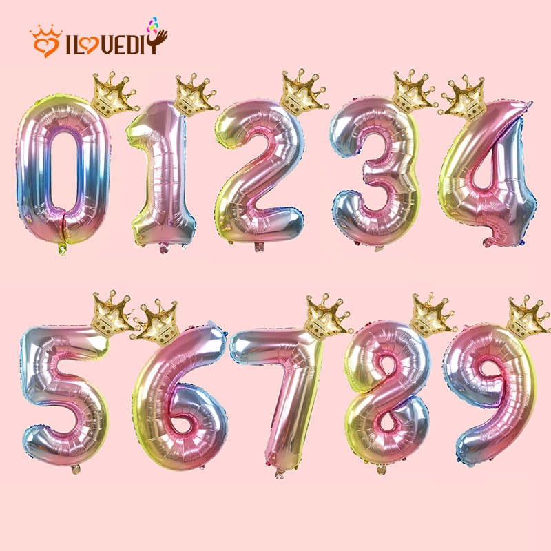 rainbow number balloons gold crown foil balloon kids birthday party Decorations