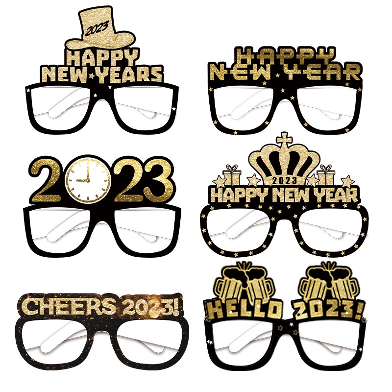 6Pcs/Set Costume Gold Frame Glitter Christmas Glitter Eyeglasses Photo Props 2023 Happy New Year Party Festivals Decoration Decorative Products Cosplay Eyes Glasses Fashion