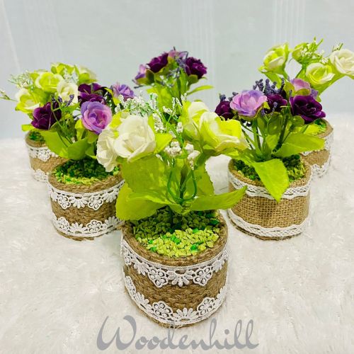 Furniture bunga mawar mekar mini set pot goni , bunga artifisial plastik, bunga hias